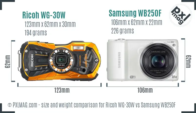 Ricoh WG-30W vs Samsung WB250F size comparison
