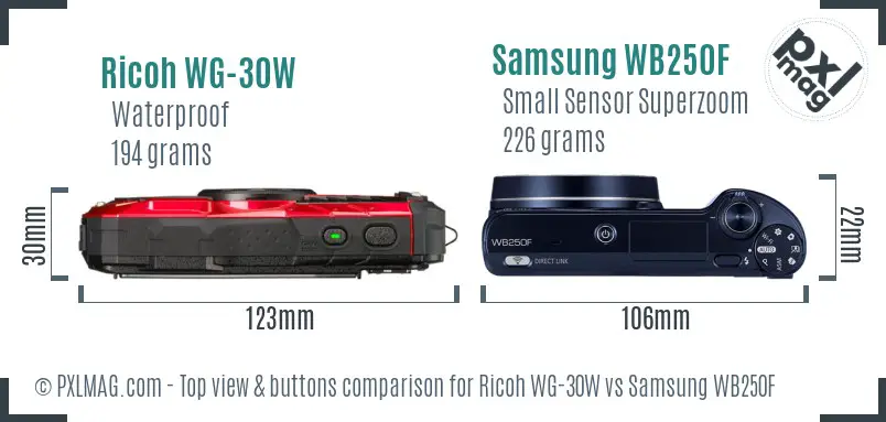 Ricoh WG-30W vs Samsung WB250F top view buttons comparison