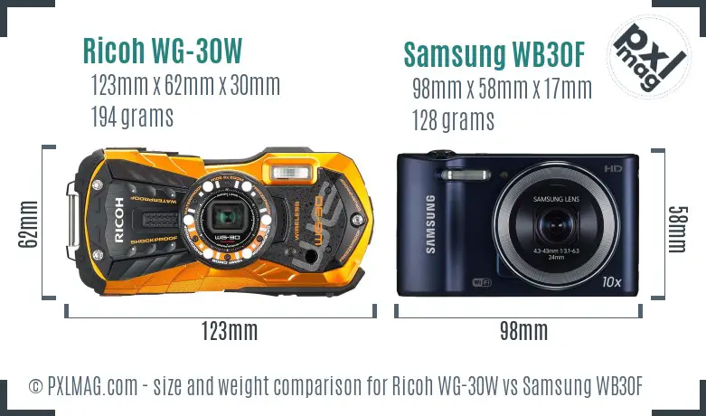 Ricoh WG-30W vs Samsung WB30F size comparison