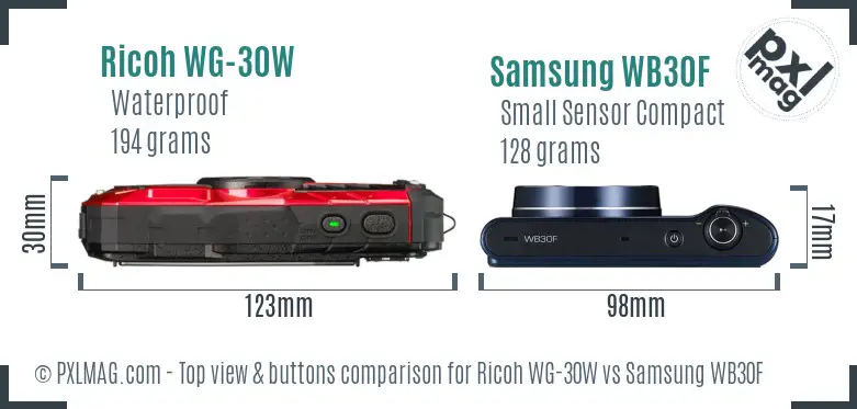 Ricoh WG-30W vs Samsung WB30F top view buttons comparison