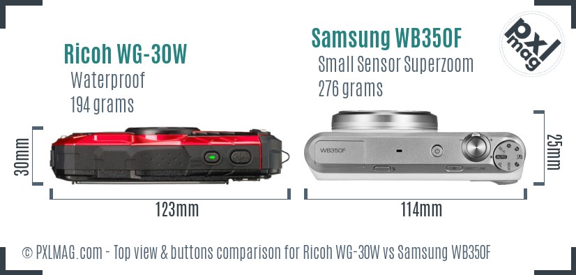 Ricoh WG-30W vs Samsung WB350F top view buttons comparison