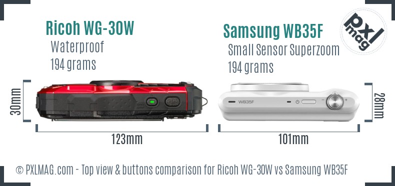 Ricoh WG-30W vs Samsung WB35F top view buttons comparison