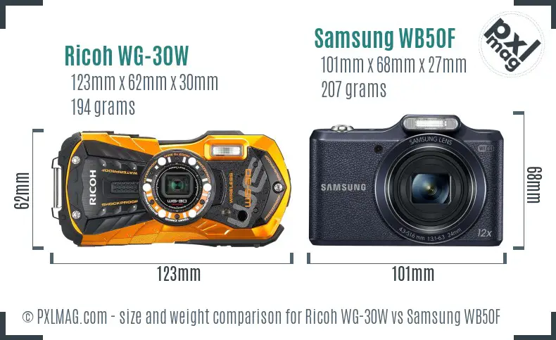 Ricoh WG-30W vs Samsung WB50F size comparison