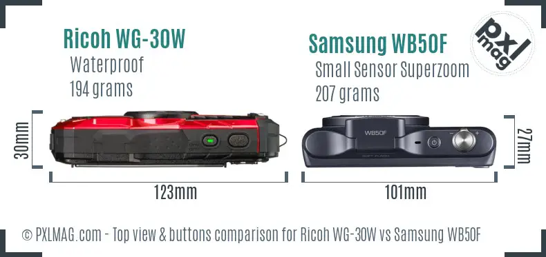 Ricoh WG-30W vs Samsung WB50F top view buttons comparison