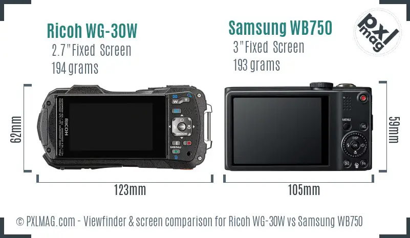 Ricoh WG-30W vs Samsung WB750 Screen and Viewfinder comparison