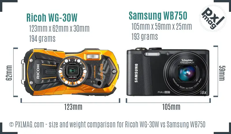 Ricoh WG-30W vs Samsung WB750 size comparison