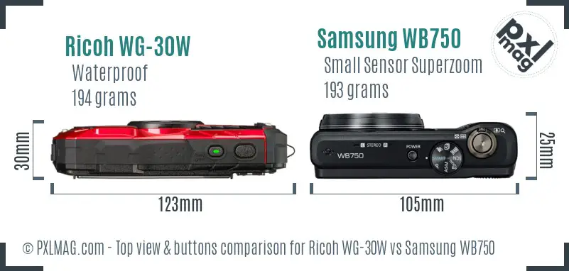 Ricoh WG-30W vs Samsung WB750 top view buttons comparison