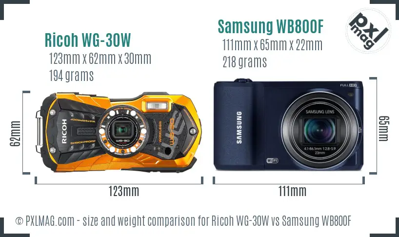 Ricoh WG-30W vs Samsung WB800F size comparison