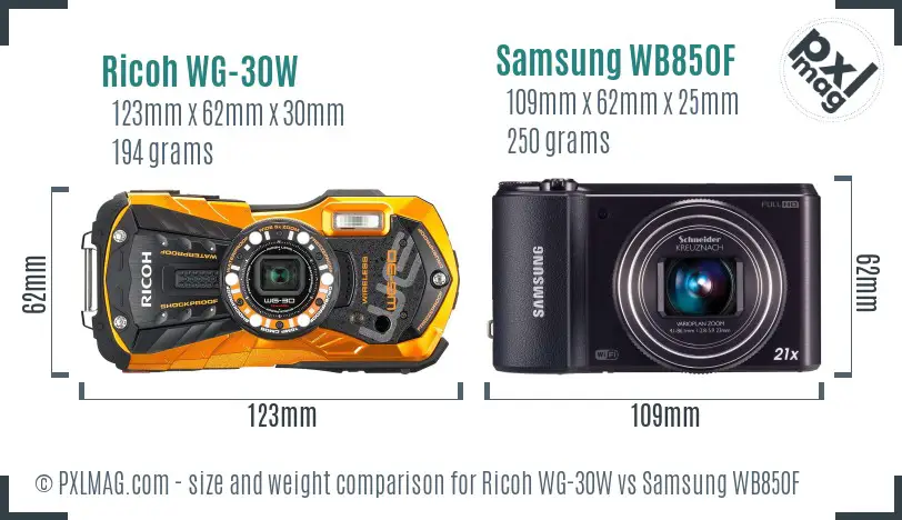 Ricoh WG-30W vs Samsung WB850F size comparison