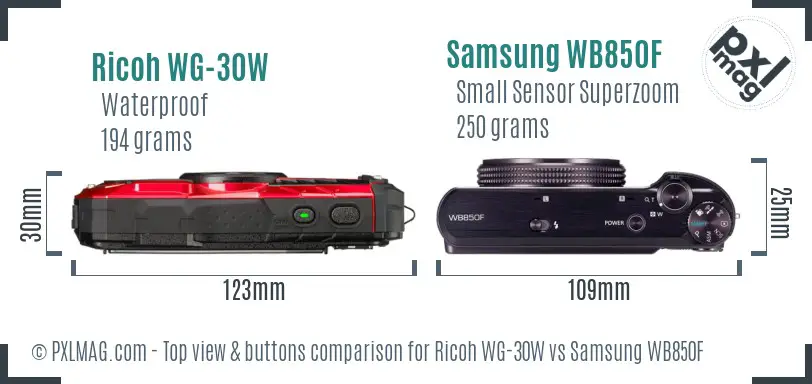 Ricoh WG-30W vs Samsung WB850F top view buttons comparison