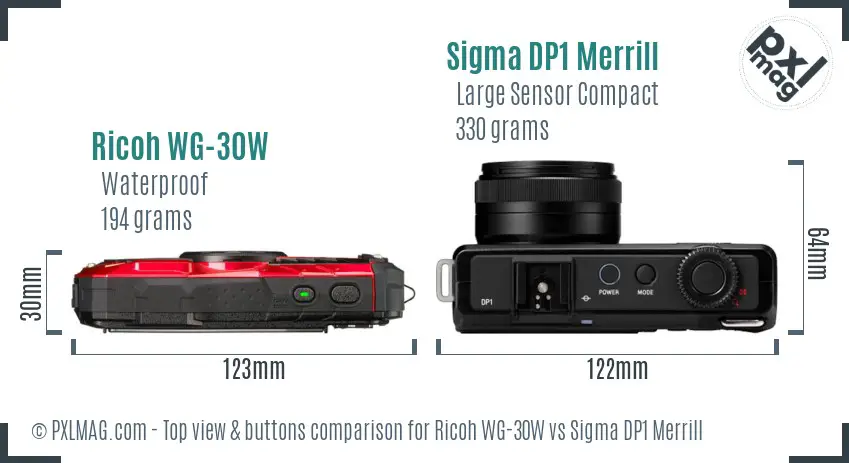 Ricoh WG-30W vs Sigma DP1 Merrill top view buttons comparison