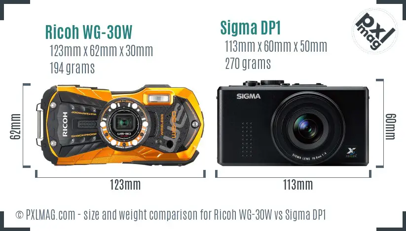 Ricoh WG-30W vs Sigma DP1 size comparison