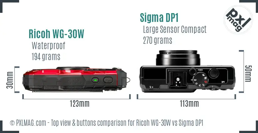 Ricoh WG-30W vs Sigma DP1 top view buttons comparison