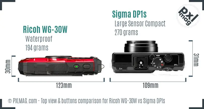 Ricoh WG-30W vs Sigma DP1s top view buttons comparison