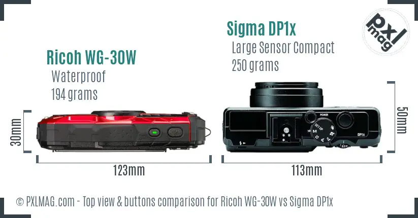 Ricoh WG-30W vs Sigma DP1x top view buttons comparison