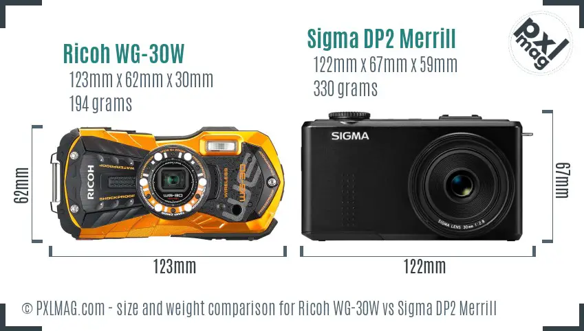 Ricoh WG-30W vs Sigma DP2 Merrill size comparison
