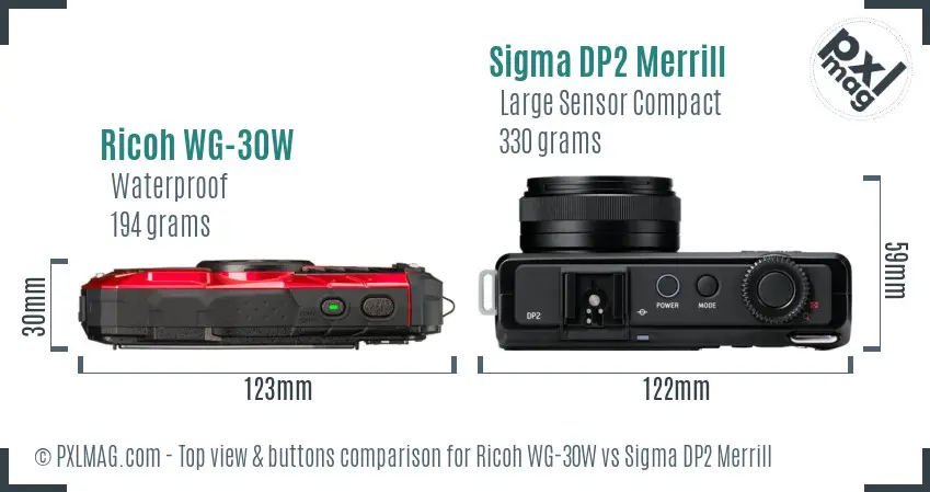 Ricoh WG-30W vs Sigma DP2 Merrill top view buttons comparison