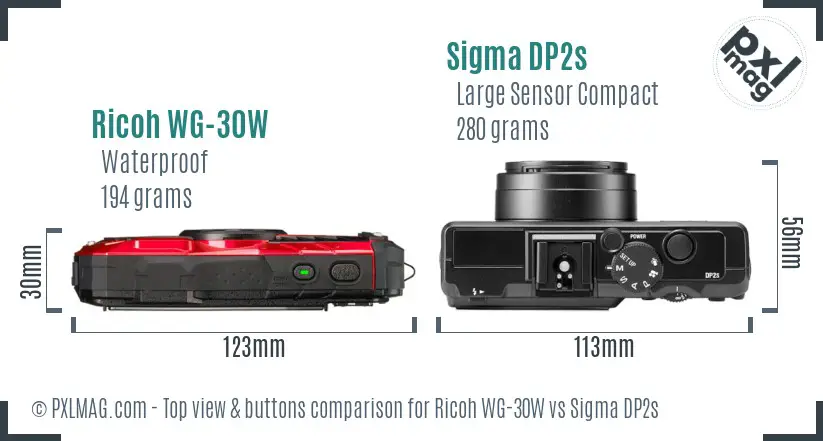 Ricoh WG-30W vs Sigma DP2s top view buttons comparison