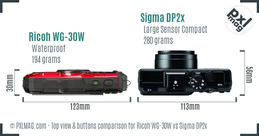Ricoh WG-30W vs Sigma DP2x top view buttons comparison