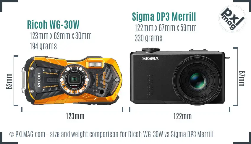 Ricoh WG-30W vs Sigma DP3 Merrill size comparison