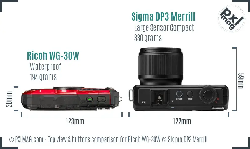 Ricoh WG-30W vs Sigma DP3 Merrill top view buttons comparison