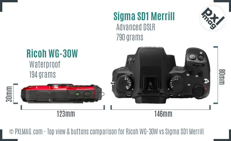 Ricoh WG-30W vs Sigma SD1 Merrill top view buttons comparison