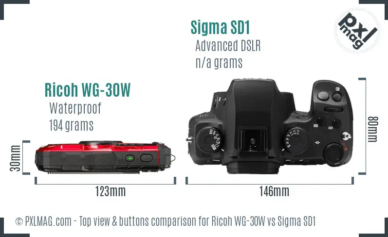 Ricoh WG-30W vs Sigma SD1 top view buttons comparison