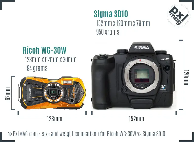 Ricoh WG-30W vs Sigma SD10 size comparison