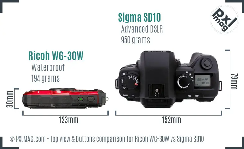 Ricoh WG-30W vs Sigma SD10 top view buttons comparison