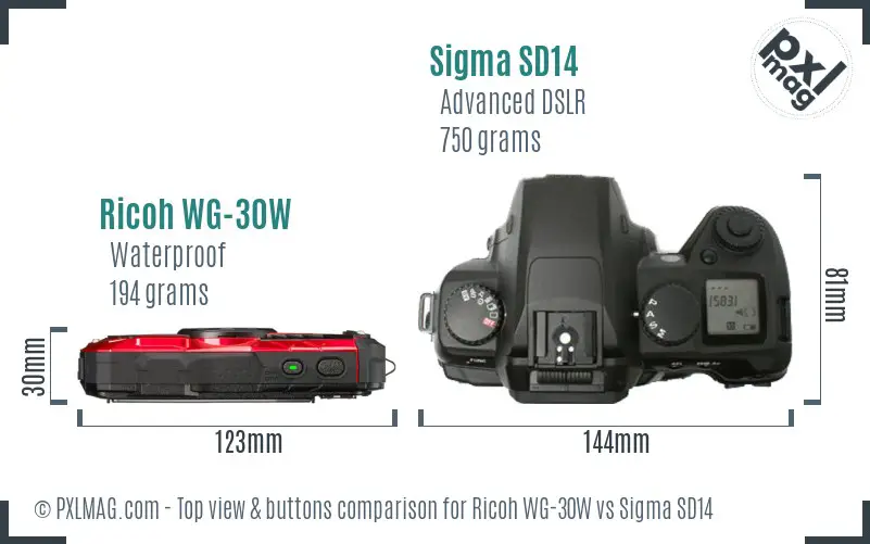 Ricoh WG-30W vs Sigma SD14 top view buttons comparison