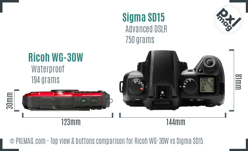 Ricoh WG-30W vs Sigma SD15 top view buttons comparison