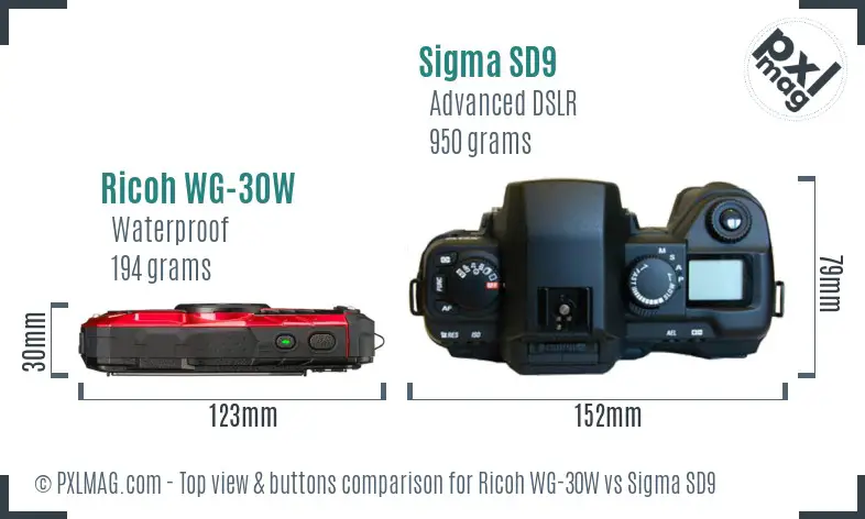Ricoh WG-30W vs Sigma SD9 top view buttons comparison