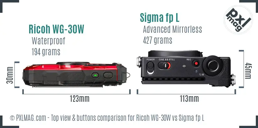 Ricoh WG-30W vs Sigma fp L top view buttons comparison
