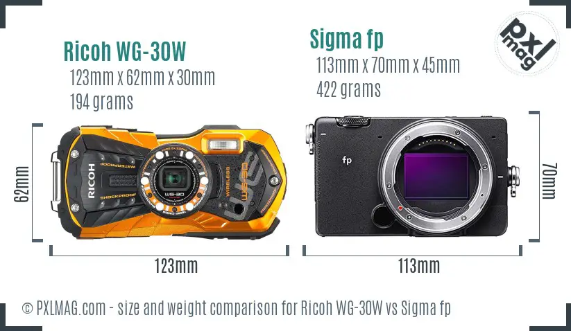 Ricoh WG-30W vs Sigma fp size comparison