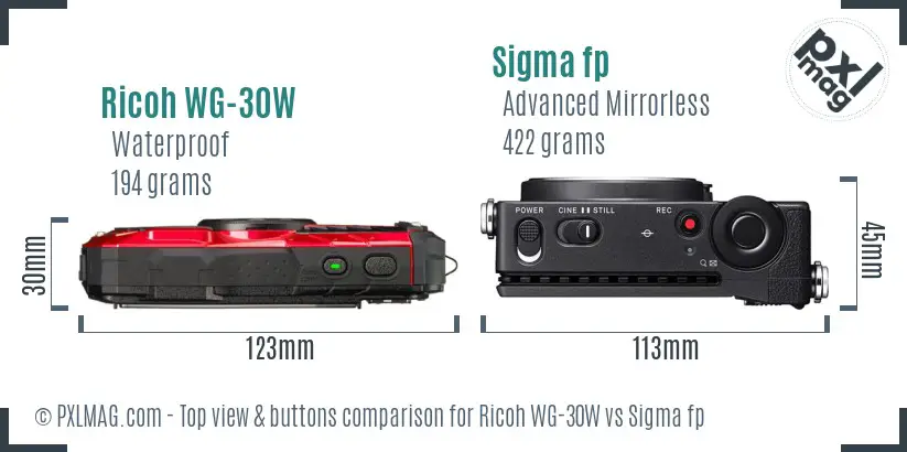 Ricoh WG-30W vs Sigma fp top view buttons comparison