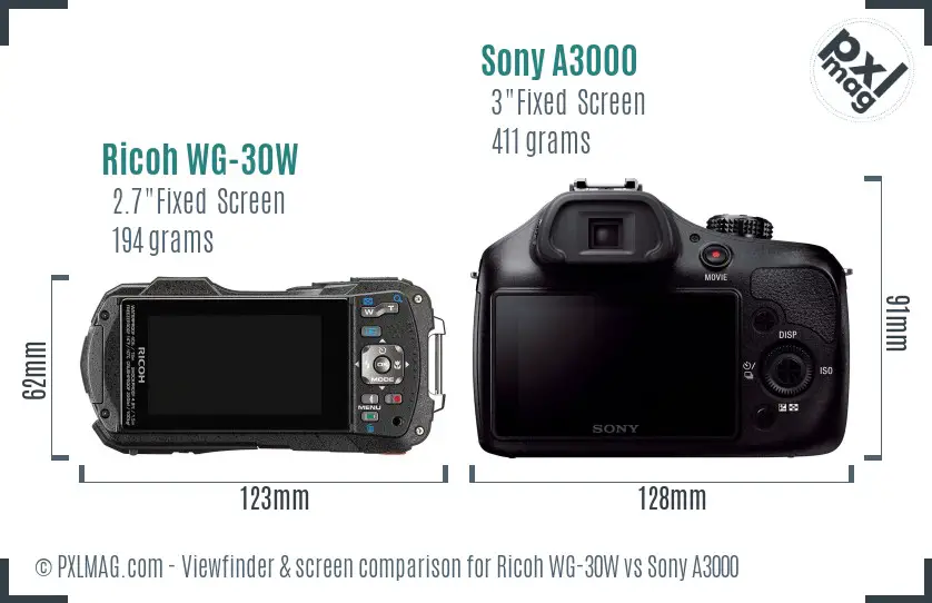 Ricoh WG-30W vs Sony A3000 Screen and Viewfinder comparison
