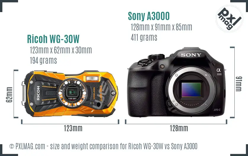 Ricoh WG-30W vs Sony A3000 size comparison
