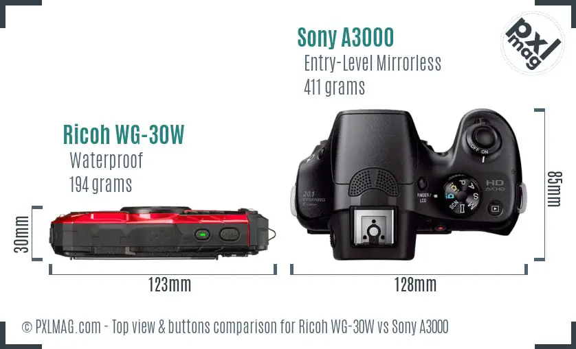 Ricoh WG-30W vs Sony A3000 top view buttons comparison