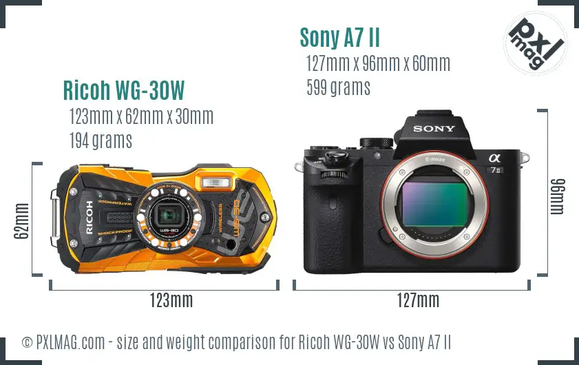 Ricoh WG-30W vs Sony A7 II size comparison