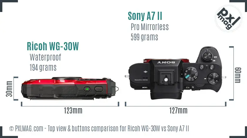 Ricoh WG-30W vs Sony A7 II top view buttons comparison