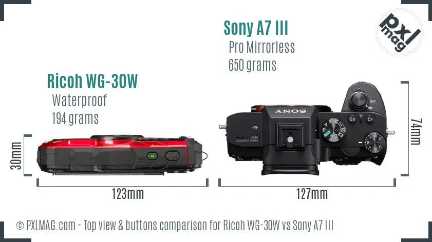 Ricoh WG-30W vs Sony A7 III top view buttons comparison