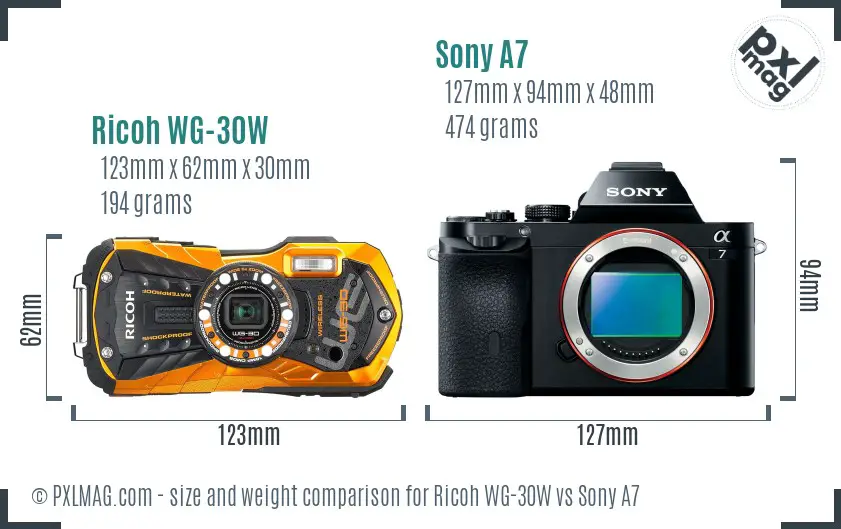 Ricoh WG-30W vs Sony A7 size comparison