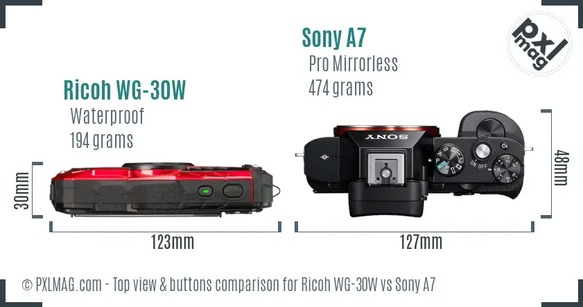 Ricoh WG-30W vs Sony A7 top view buttons comparison