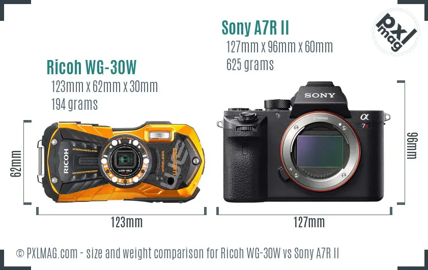 Ricoh WG-30W vs Sony A7R II size comparison