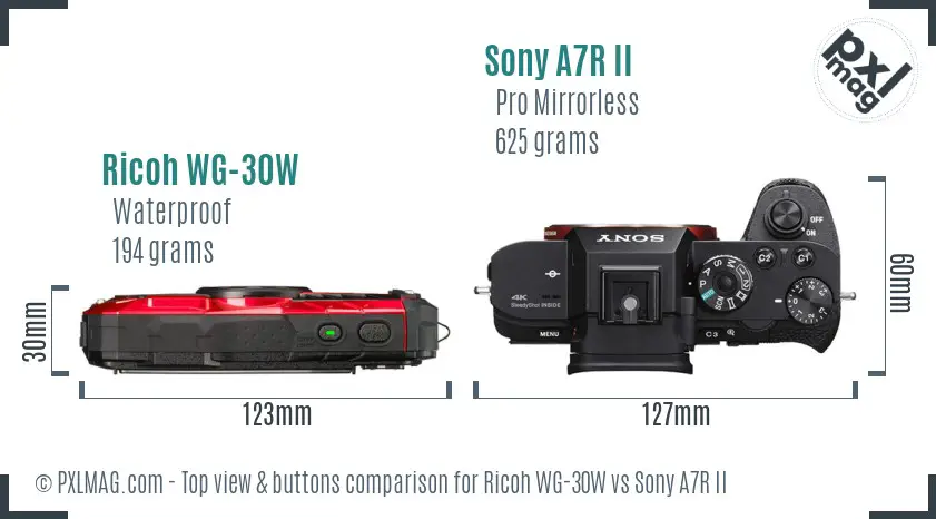 Ricoh WG-30W vs Sony A7R II top view buttons comparison
