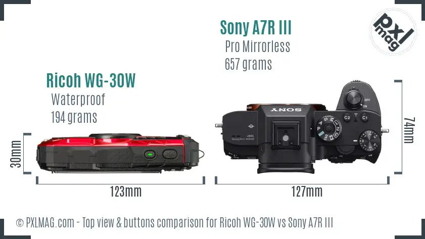 Ricoh WG-30W vs Sony A7R III top view buttons comparison