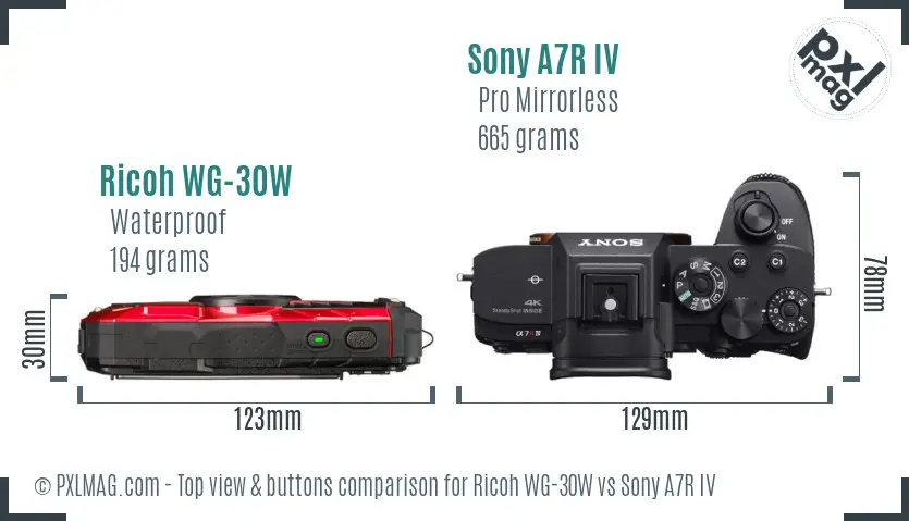 Ricoh WG-30W vs Sony A7R IV top view buttons comparison Ricoh WG-30W vs Sony A7R IV top view buttons comparison