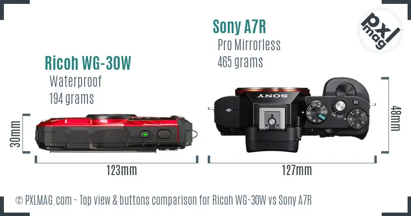 Ricoh WG-30W vs Sony A7R top view buttons comparison