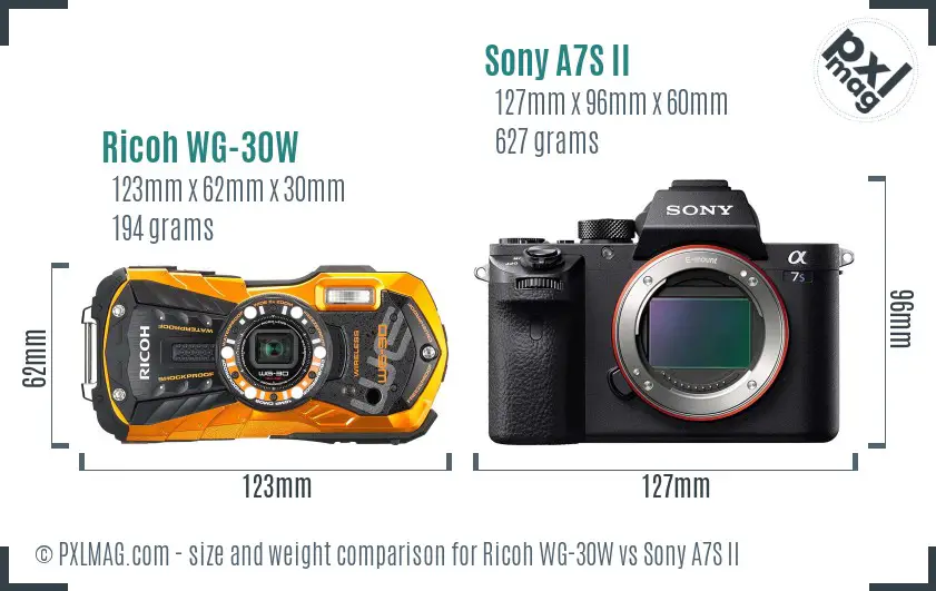 Ricoh WG-30W vs Sony A7S II size comparison