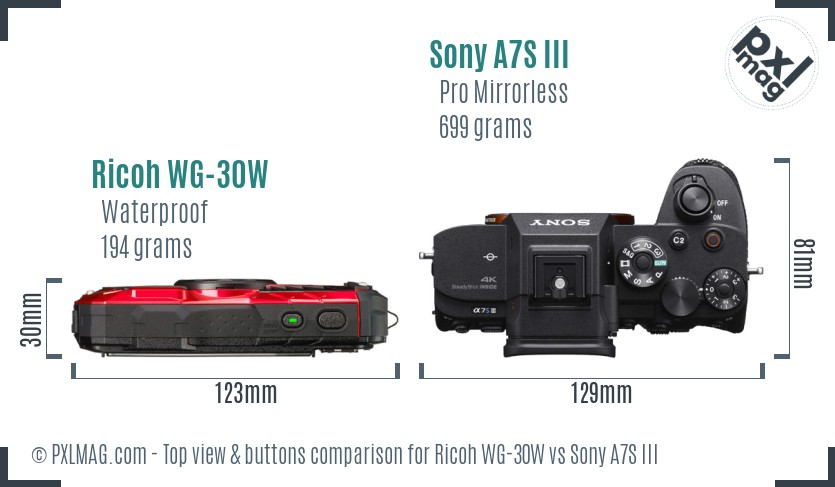 Ricoh WG-30W vs Sony A7S III top view buttons comparison